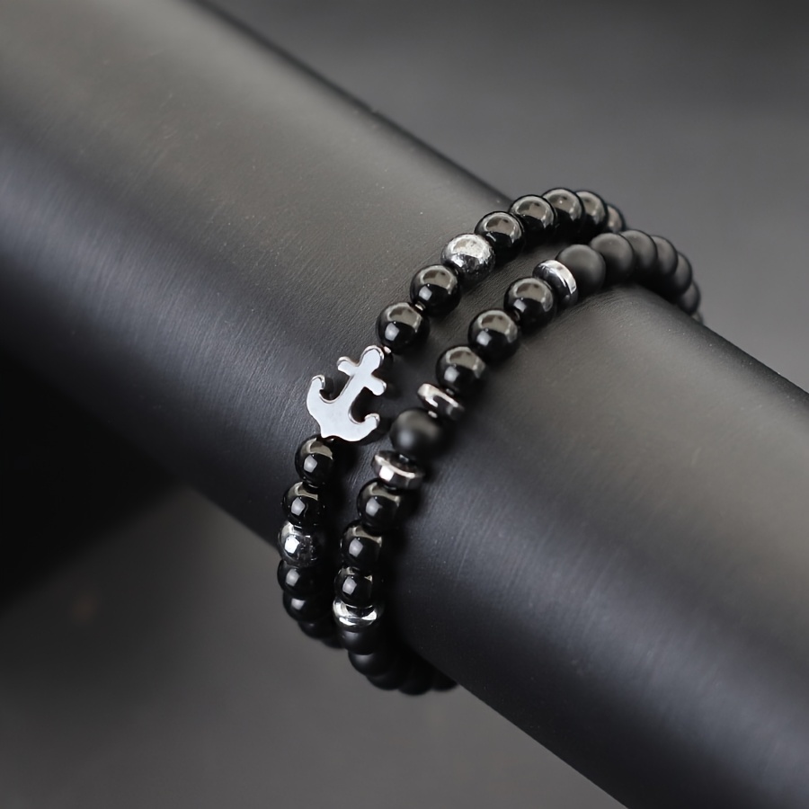 2pcs Vintage Stone Beads Stackable Anchor Bracelets for Men